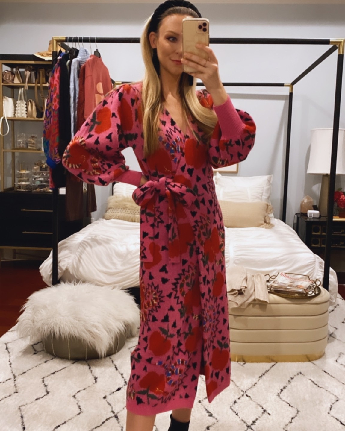 Hot pink Farm Rio sweater dress, wrap dress, wearing the small