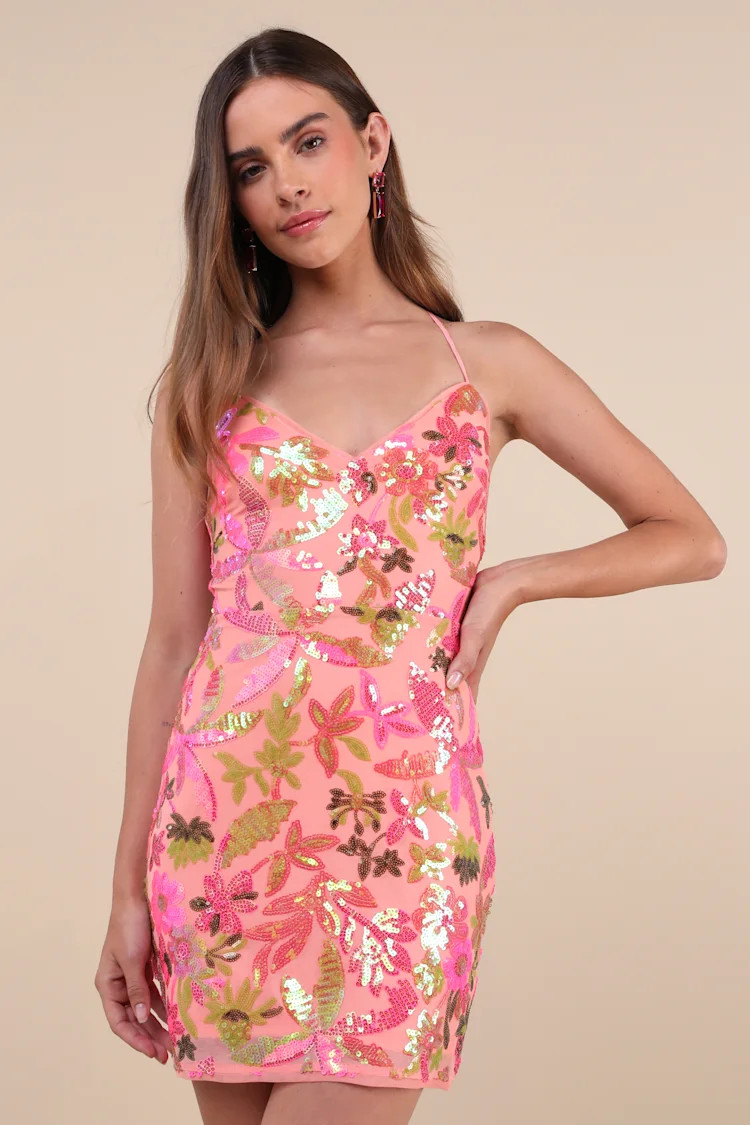 Glittering Icon Pink Iridescent Sequin Lace-Up Mini Dress | Lulus