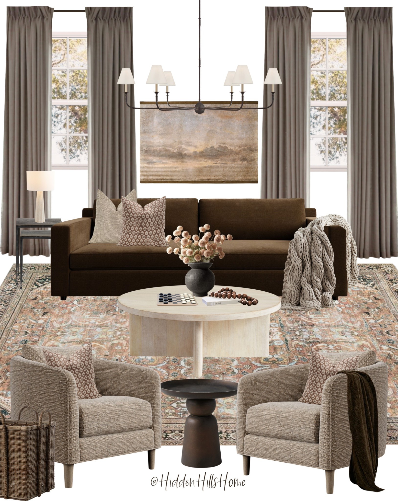 Cozy living room decor mood board, living room design, brown sofa, coffee table decor, home decor, living room inspiration, living room rug, accent chairs, modern traditional decor 

#LTKFindsUnder100 #LTKHome #LTKSaleAlert