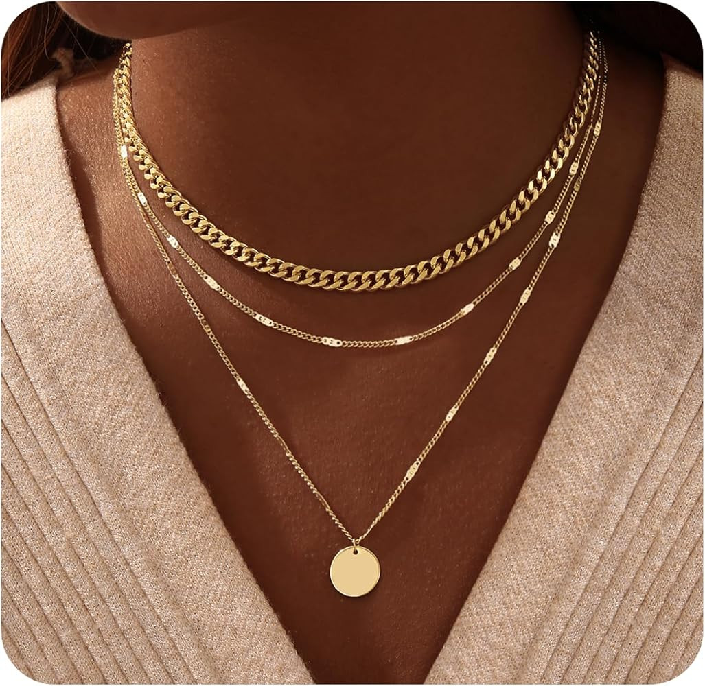 14K Gold Plated Layering Necklaces For Women Gold Necklace Set, Cuban Link, Snake Chain, Papercli... | Amazon (US)
