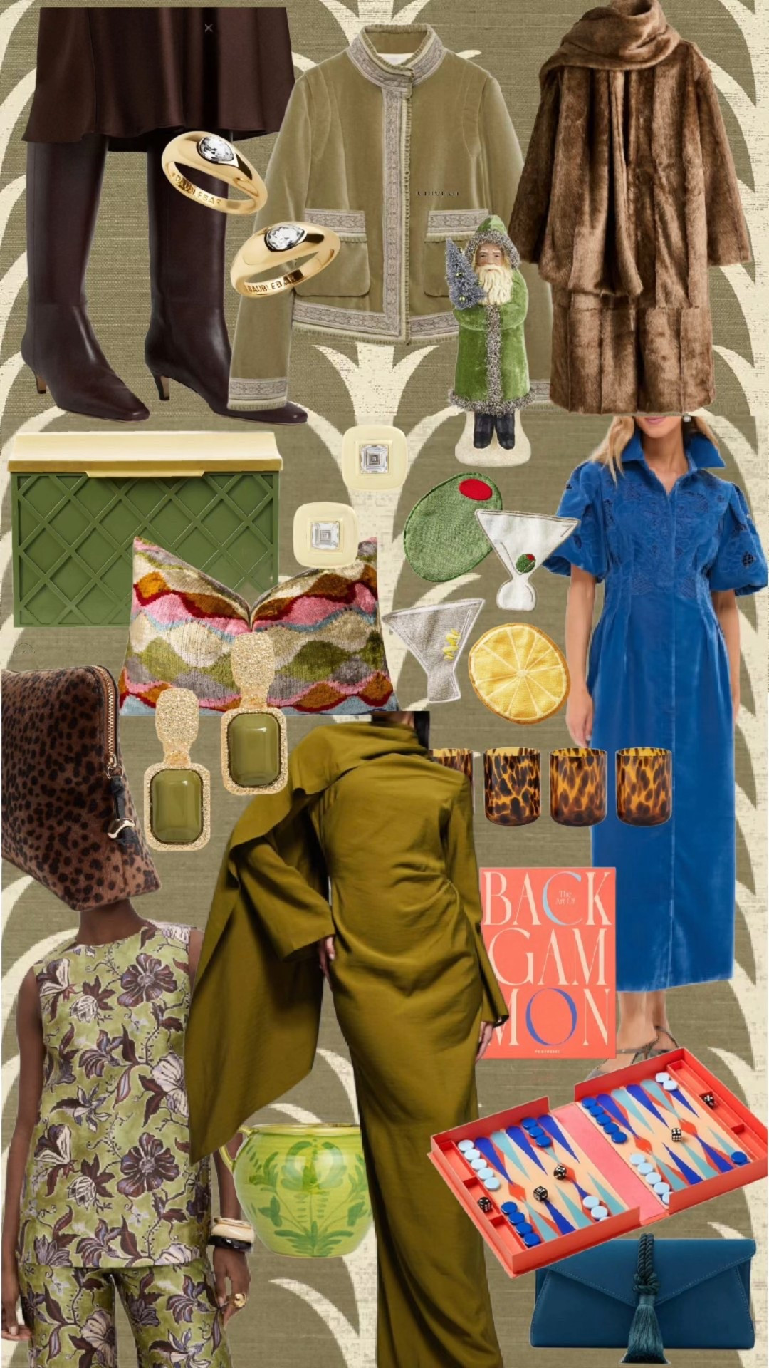 Elevated winter picks in olive, chocolate, and jewel tones.

olive evening gown, gold + olive statement earrings, velvet embroidered jacket, faux fur coat, blue embroidered shirt dress, olive floral matching set, chocolate knee boots, leopard clutch, green lattice storage box, ikat multicolor pillow, martini + olive cocktail coasters, tortoise glasses, ceramic green planter, backgammon set, gold signet rings, vintage-style Santa figurine, teal tassel clutch

#LTKGiftGuide #LTKgrwm #LTKootd