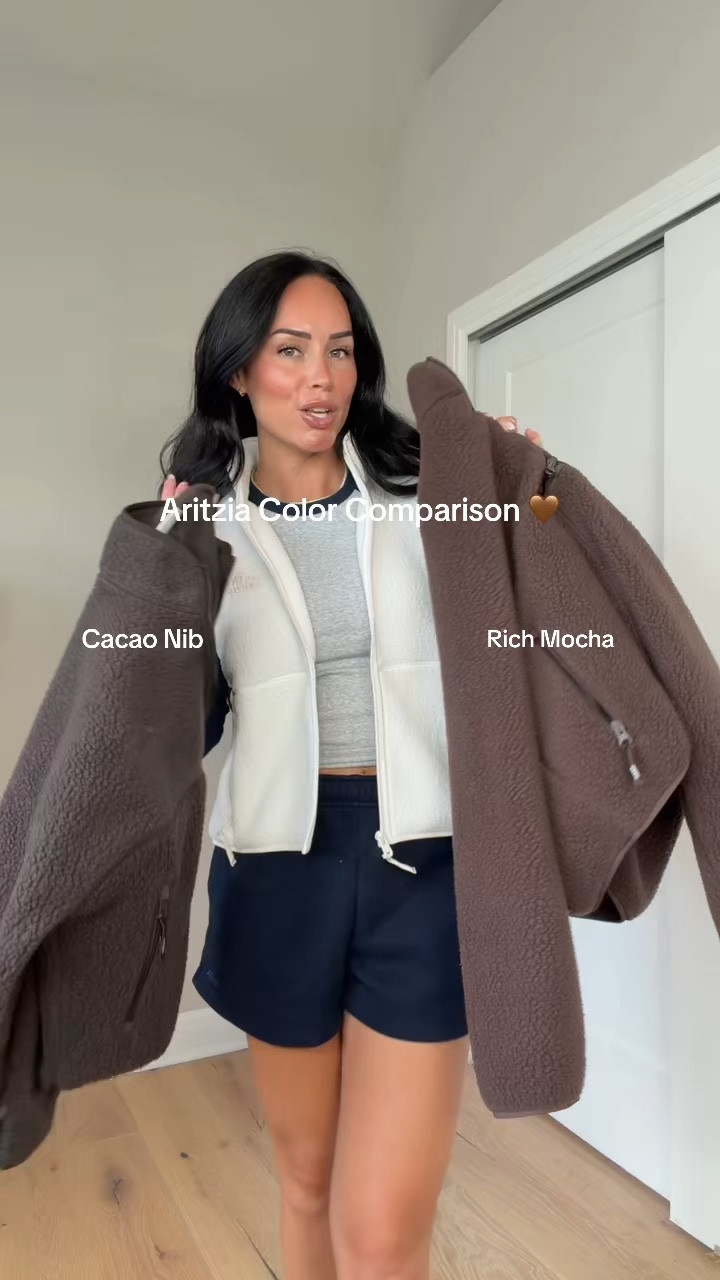 Here’s a color comparison between Cacao Nib and Rich Mocha 🤎 Both are gorgeous brown shades from Aritzia, but if I had to pick a favorite, it would be Rich Mocha! Hope this helps if you're deciding between the two.

I’ll have both linked on my LTK. As for the Polartec fleece, I’d recommend sizing up if you prefer a more oversized fit.

My sizing: 5'7", 145 lbs, 32DD.

@Aritzia