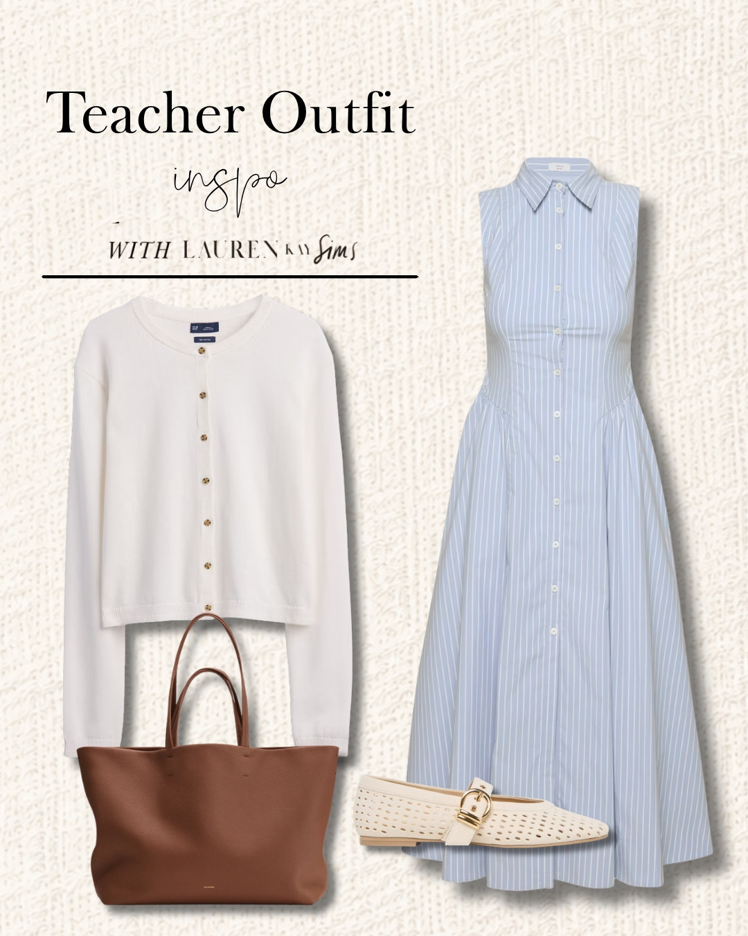 This blue-and-white striped dress paired with cream flats and a dark chestnut tote is so good for the classroom, and I love the white cardigan styled over the shoulders for an extra elevated layer.

#LTKootd #LTKSeasonal #LTKWorkwear