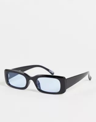 ASOS DESIGN fine frame mid square sunglasses in black with blue lens | ASOS (Global)