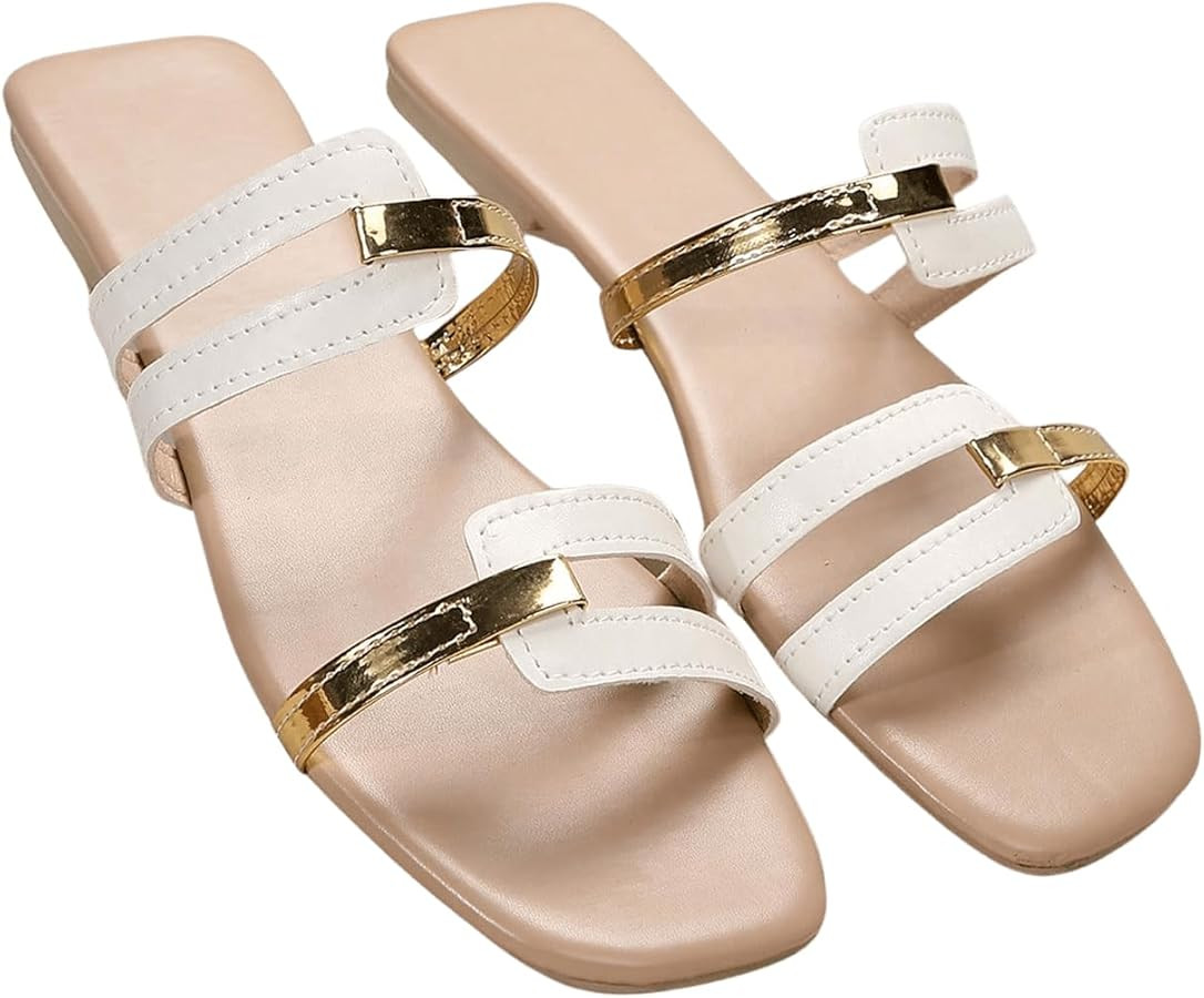 SweatyRocks Women's Cut Out Metallic Flat Sandals Square Toe Slip on Trendy Outdoor Slide Sandals | Amazon (US)