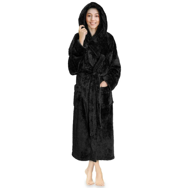 PAVILIA Women Hooded Plush Soft Robe | Fluffy Warm Fleece Sherpa Shaggy Bathrobe (S/M, Black) | Walmart (US)