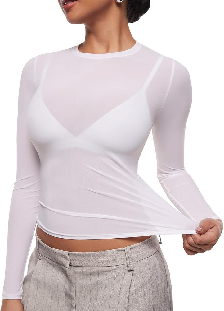 INLYRIC Women's Cosnufy Mesh Sheer Long Sleeve Tops See Through Crew Neck Going Out Tops Trendy S... | Amazon (US)