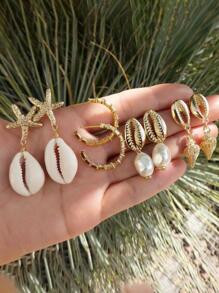 4pairs/set Random Boho Zinc Alloy Shell & Starfish Decor Earrings For Women For Gift | SHEIN