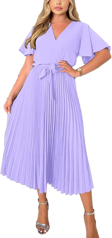 BTFBM Women Short Sleeve Wrap V-Neck Casual Summer Dresses Satin Tie Waist Elegant Pleated Flowy ... | Amazon (US)