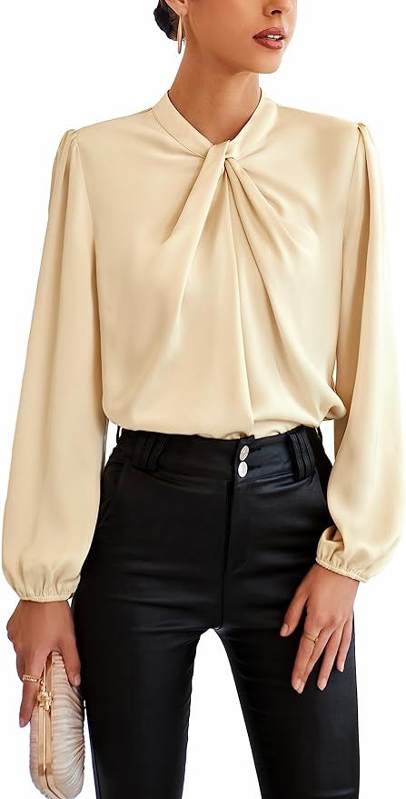GRACE KARIN Women's Satin Top Mock Neck Twist Front Top Long Lantern Sleeve Silk Shirts Casual Lo... | Amazon (US)