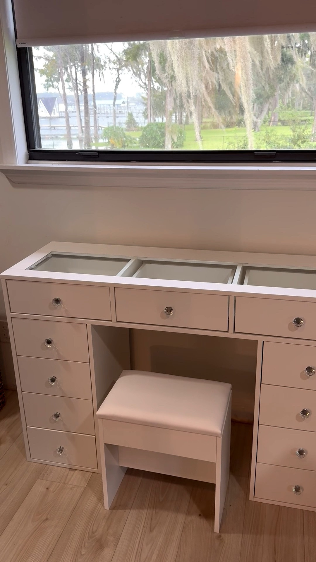 11 drawer makeup vanity. Just put this pretty glass top vanity together & I love it. Even has an electrical outlet for my blow dryer & charging station for my phone. The stool was also included. Closet makeup vanity. Organization. Beauty organizer  

#LTKSeasonal #LTKHome #LTKSaleAlert