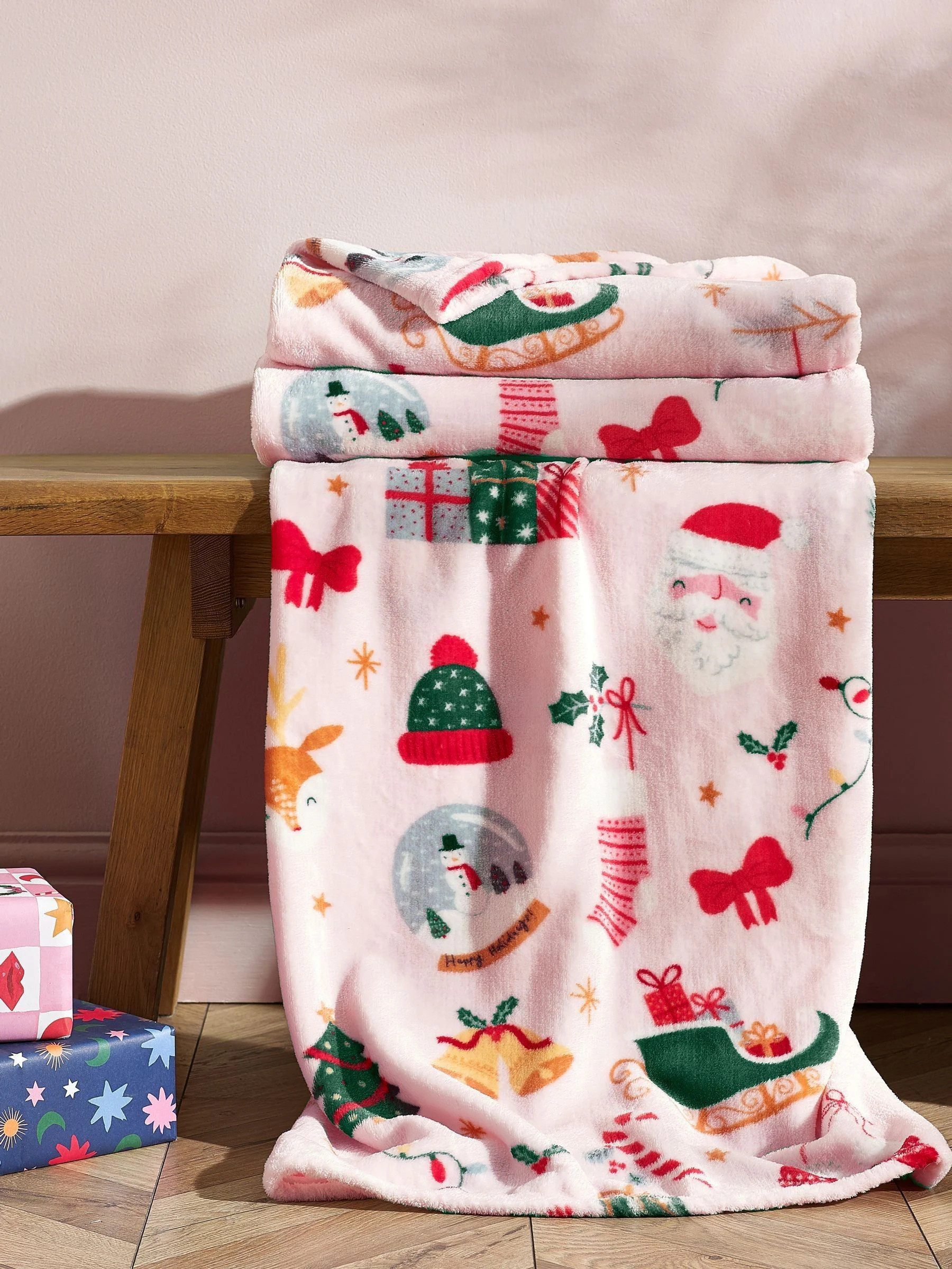 catherinelansfield Catherine Lansfield Pink Christmas Happy Holidays Cosy Fleece Blanket Throw | Next US