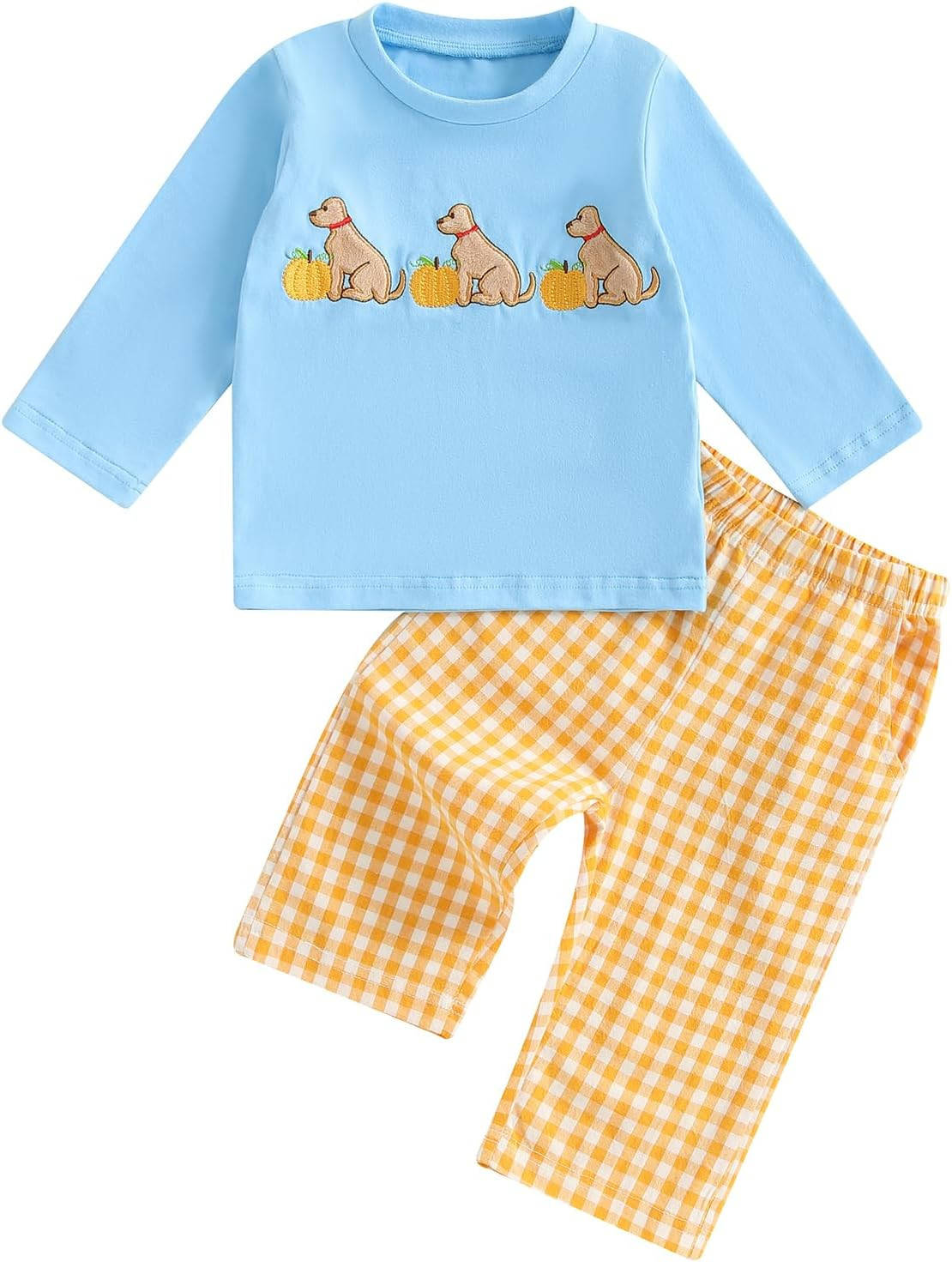 Toddler Baby Boy Halloween Ghost Pumpkin Outfit Long Sleeve Embroidery Tshirt Gingham Pants 2 Piece Smocked Clothes | Amazon (US)