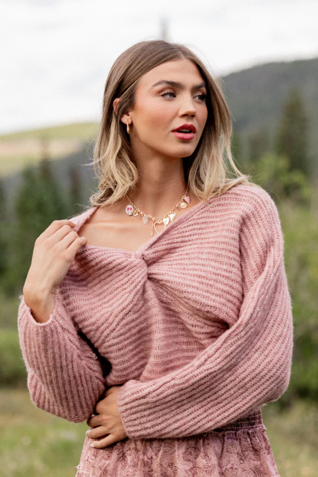 Gisele Front Twist Heathered Light Pink Sweater | Pink Lily