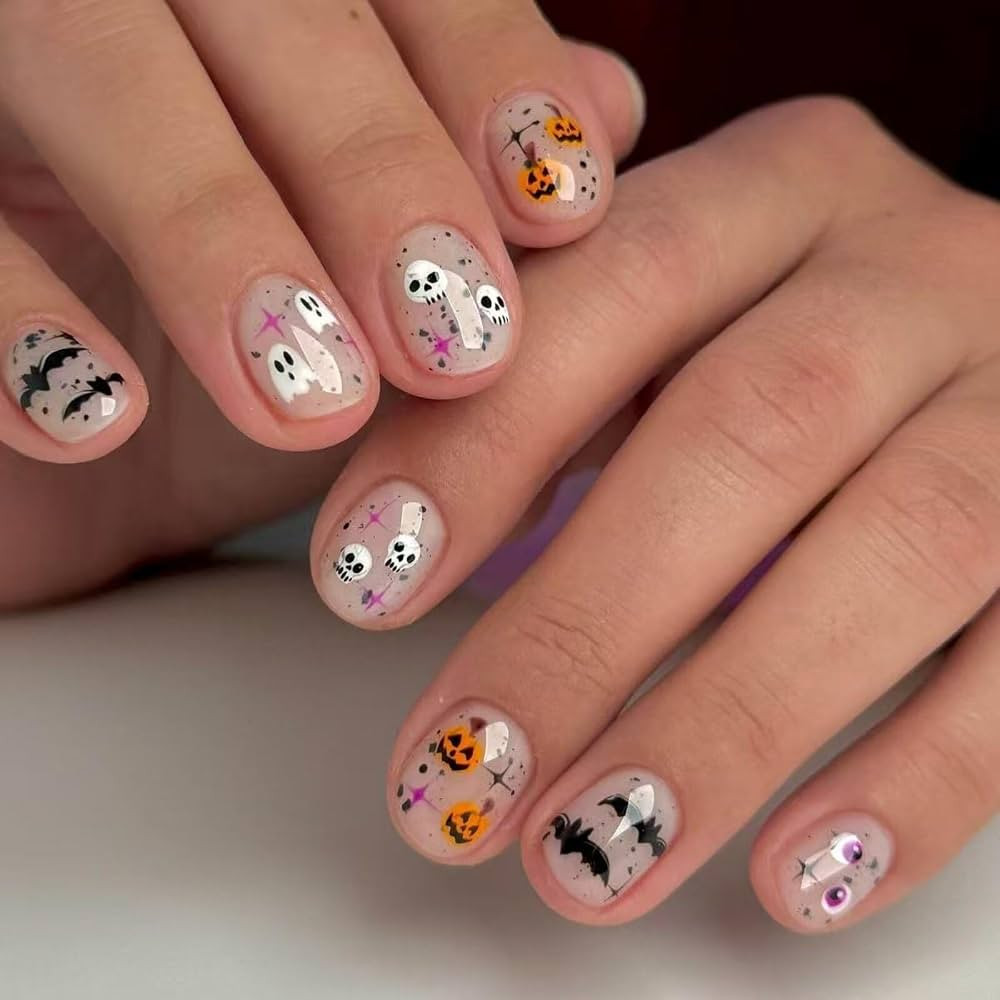 Halloween Short Round Glossy Nude Speckle Base Ghost Skull Bat Pumpkin Pink Star Press On Nails C... | Amazon (US)