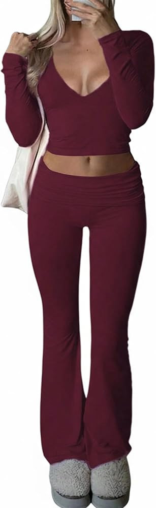 Women 2 Pieces Outfits Long Sleeve Deep V-Neck Casual Crop Top Top Wide Leg Flare Pants Suit Comf... | Amazon (US)