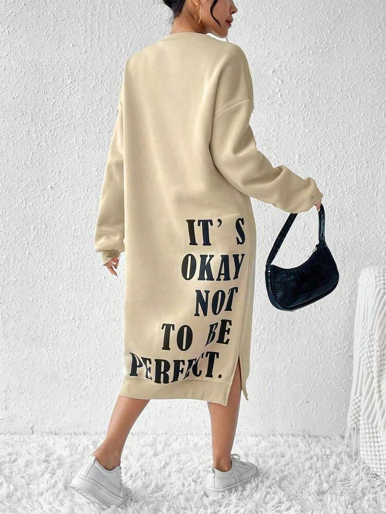 Christmas And New Year New Cool Beige Sweatshirt Dress With Letter Print On The Back, Side Slit Design, Loose And Slimming Fit, Long Sleeves, Mid-Length, Suitable For All Seasons. Features The Lettering 'IT'S OKAY NOT TO BE PERFECT', Designed For Autumn And Winter, Perfect For Casual Outings, Shopping, And Casual Dates. | SHEIN