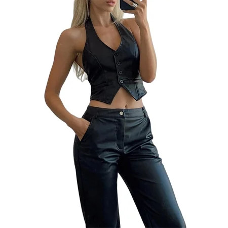 Hirigin Female Solid Color Halter Neck Casual Vest Crop Tops with Buttons | Walmart (US)
