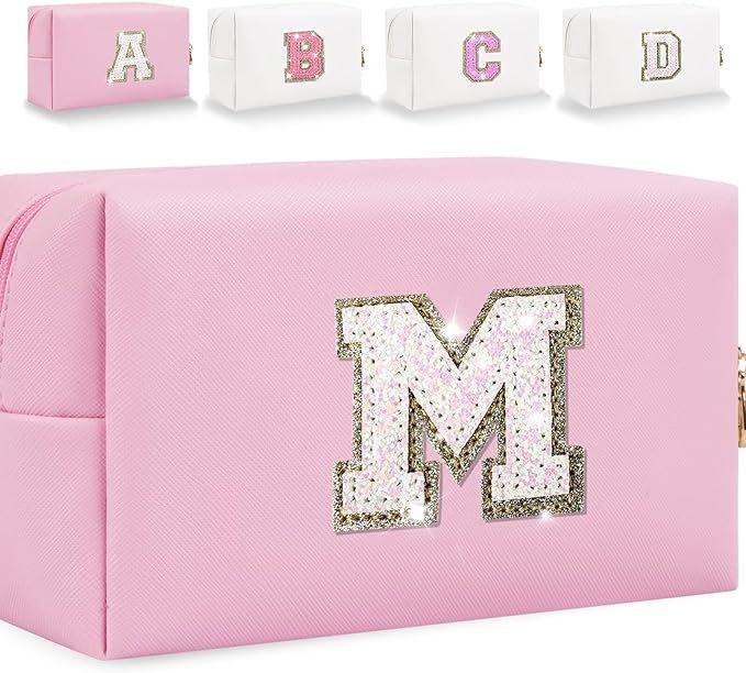 Glitter Initial Letter Makeup Bag, Small Personalized Sequins Letters PU Leather Cosmetic Bag Por... | Amazon (US)