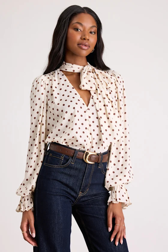 Loen Ivory Polka Dot Tie-Neck Long Sleeve Bodysuit | Lulus