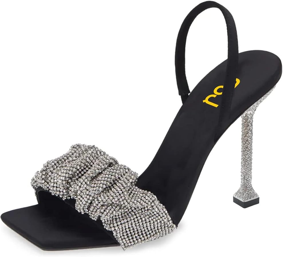 FSJ Women Stylish Shiny Square Open Toe Rhinestone Stiletto High Heel Sandals Slip On Party Eveni... | Amazon (US)