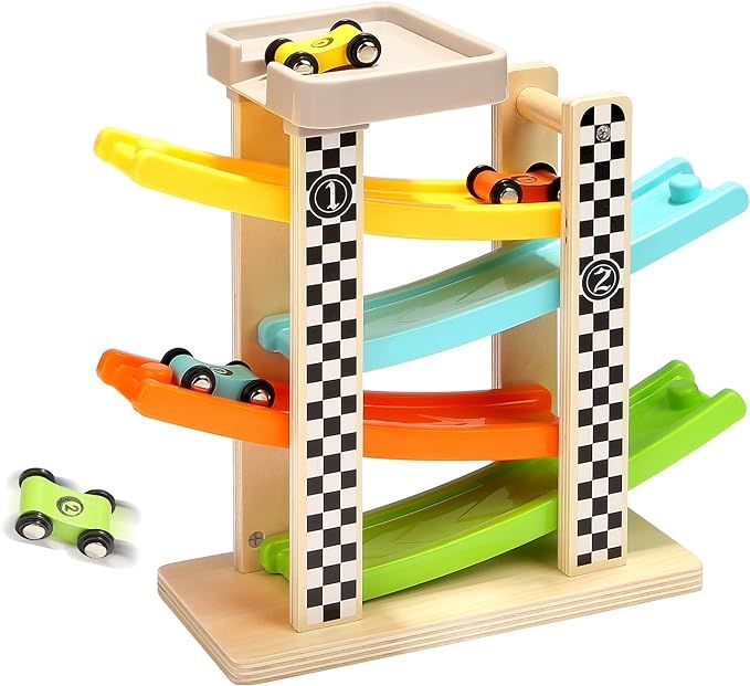 Toddler Toys for 1 2 Year Old Boy and Girl Gifts Wooden Race Track Car Ramp Racer with 4 Mini Car | Amazon (US)