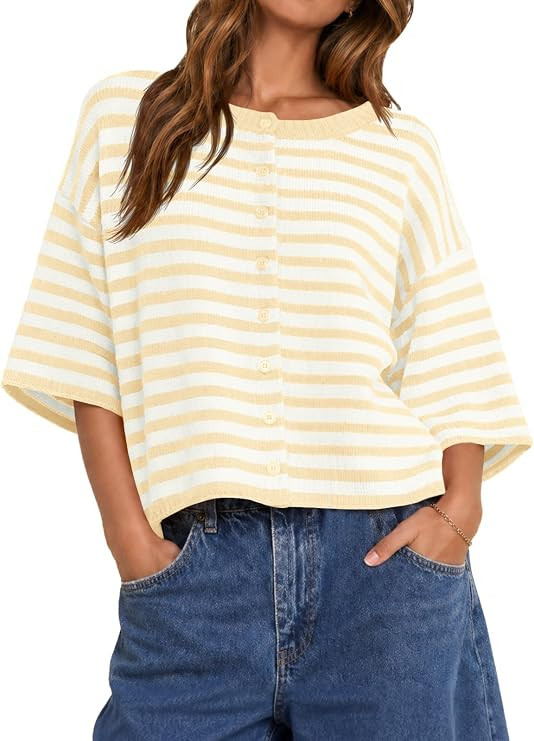 Saodimallsu Womens Short Sleeve Cardigan Cropped Striped Button Down Oversized Lightweight Knit S... | Amazon (US)