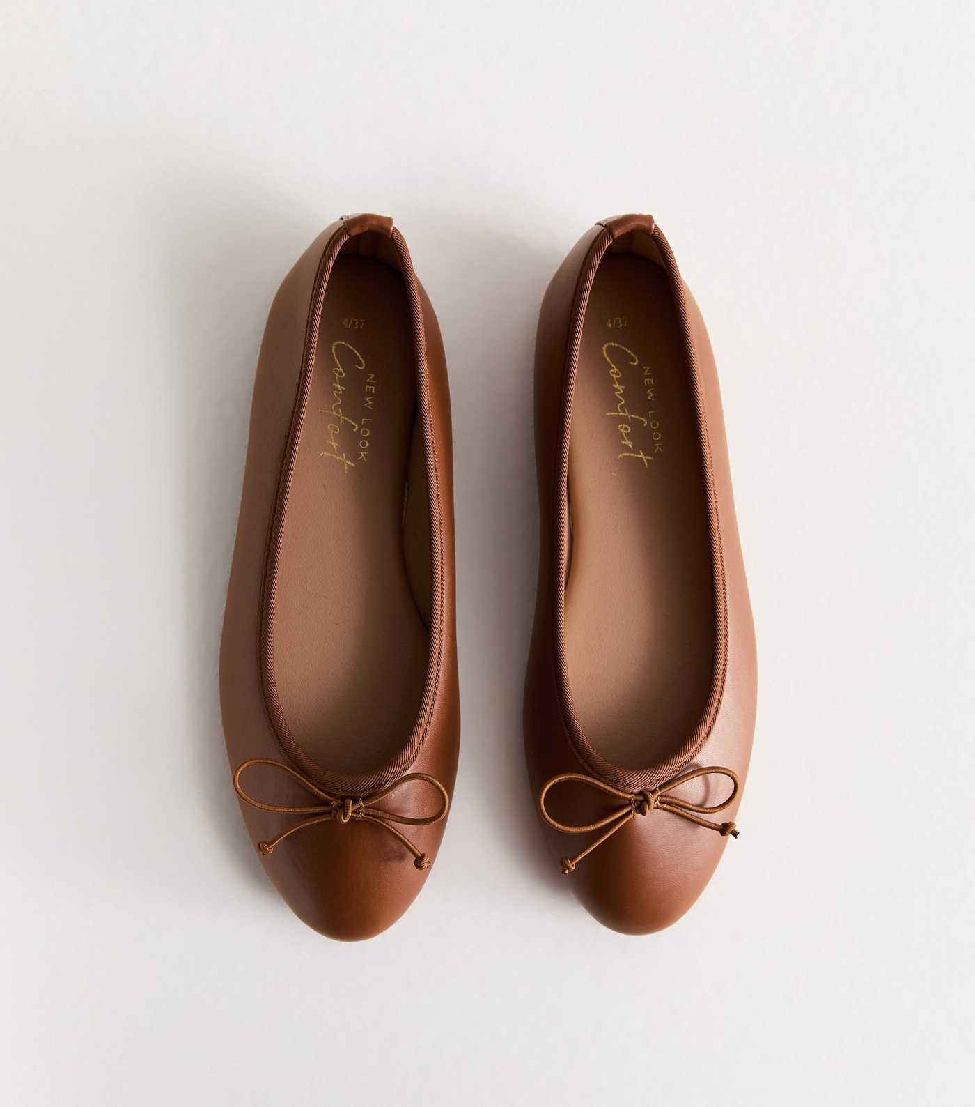 Tan Bow-Trim Flat Leather-Look Ballerina Shoes  | New Look | New Look (UK)