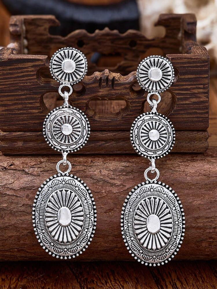 MONLOTTI 1 Pair Vintage Bohemian Style Totem Geometric Carving Metal Alloy Pendant Earrings, Women Summer Jewelry | SHEIN