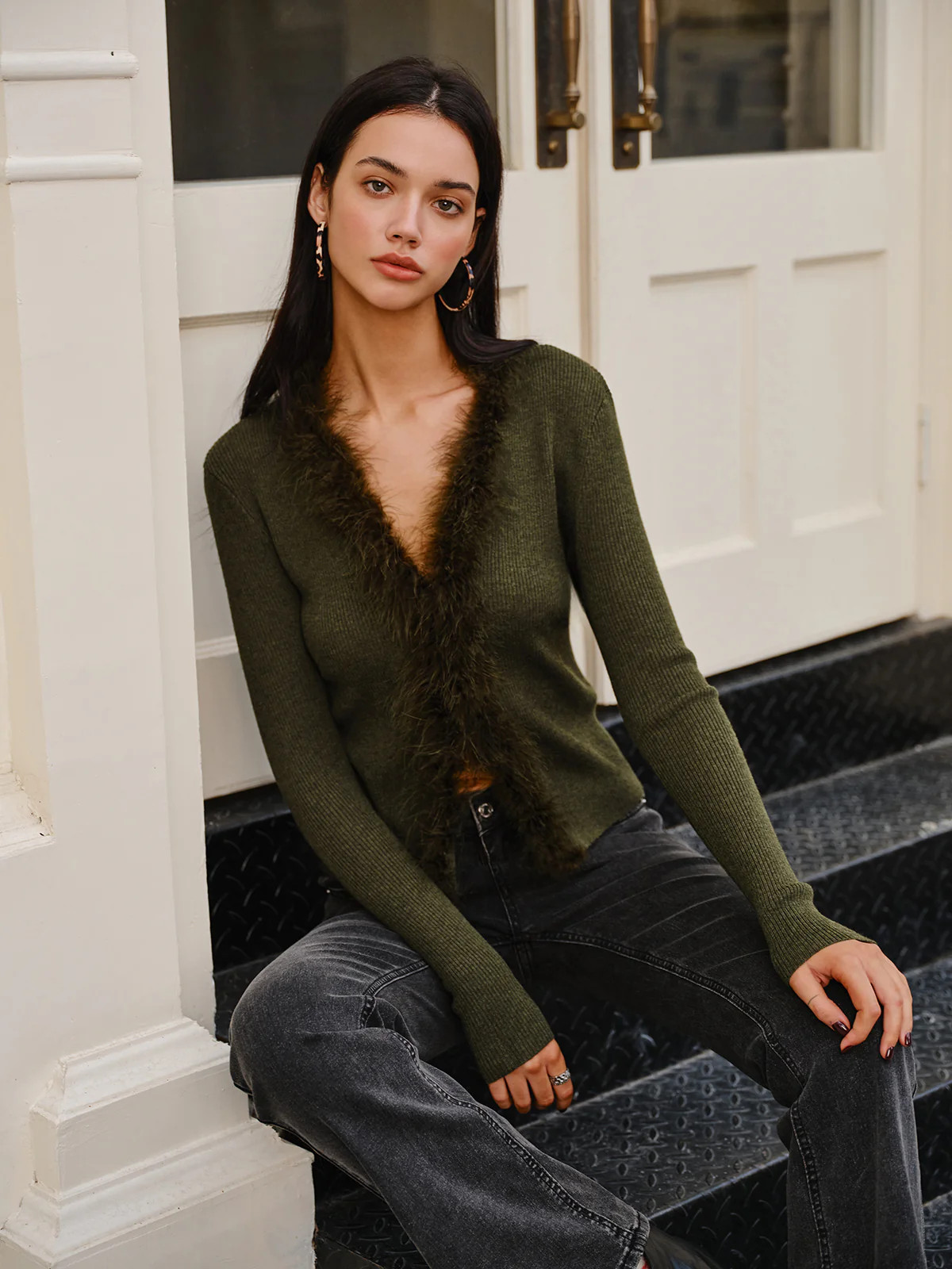 Feather Trim Wool-Blend Slim Sweater | Commense