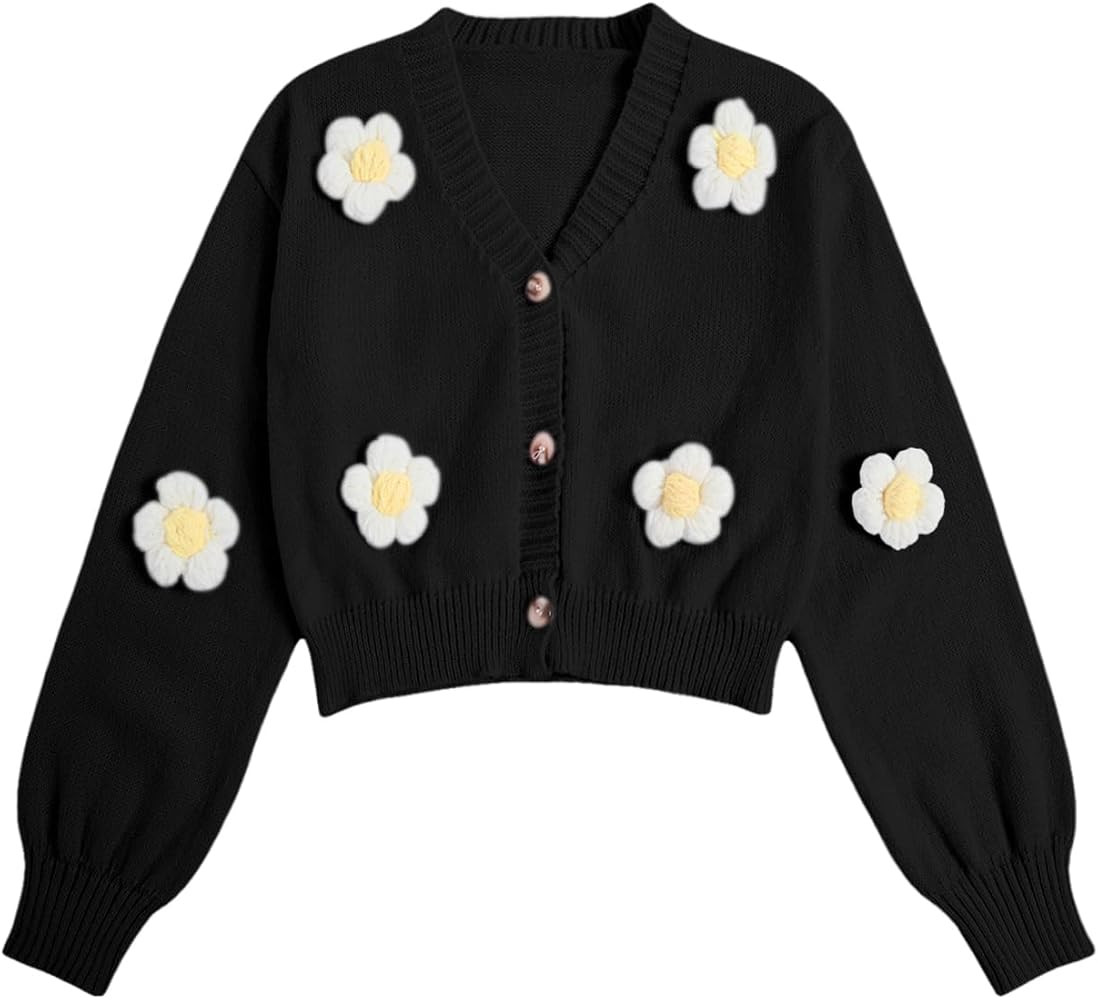 SHENHE Girl's Bow Button Down Knitted Cardigan V Neck Loose Cute Crop Sweater Outwear | Amazon (US)