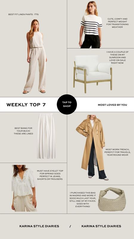 Weekly most lived by you - best sellers! Walmart chair on sale right now! Our favorite trouser, linen pants and trench coat. The eyelet top is must for spring! 

#LTKsalealert #LTKitbag #LTKhome