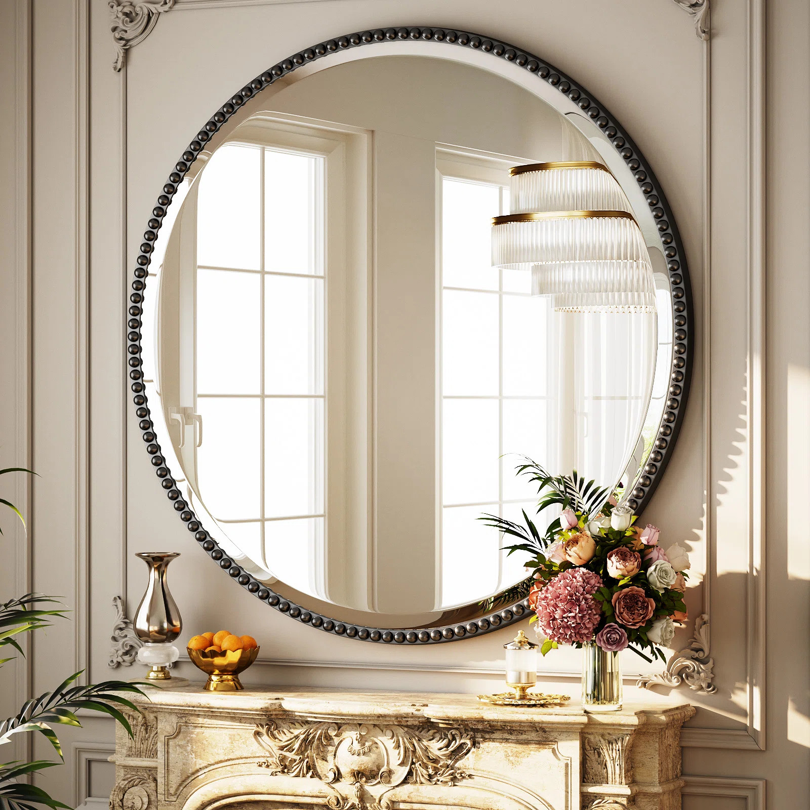 Beaded Round Wall Mirror Decorative Vanity Bathroom Mirror With Resin Frame | Wayfair North America