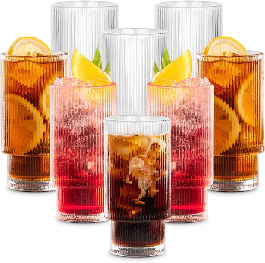 Combler Ribbed Glass Cups, 12 oz Drinking Glasses Set of 8, Cocktail Glasses, Coffee Bar Accessor... | Amazon (US)