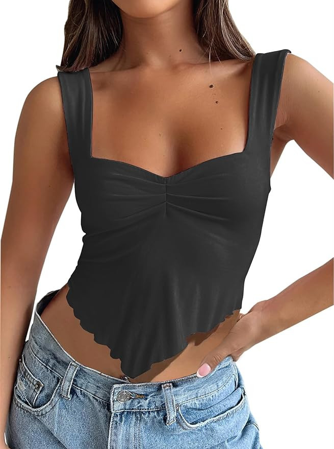 CSDAJIO Women's U-Ring Ruched Front Asymmetrical Crop Top Square Neck Open Back Tank Tops Backles... | Amazon (US)