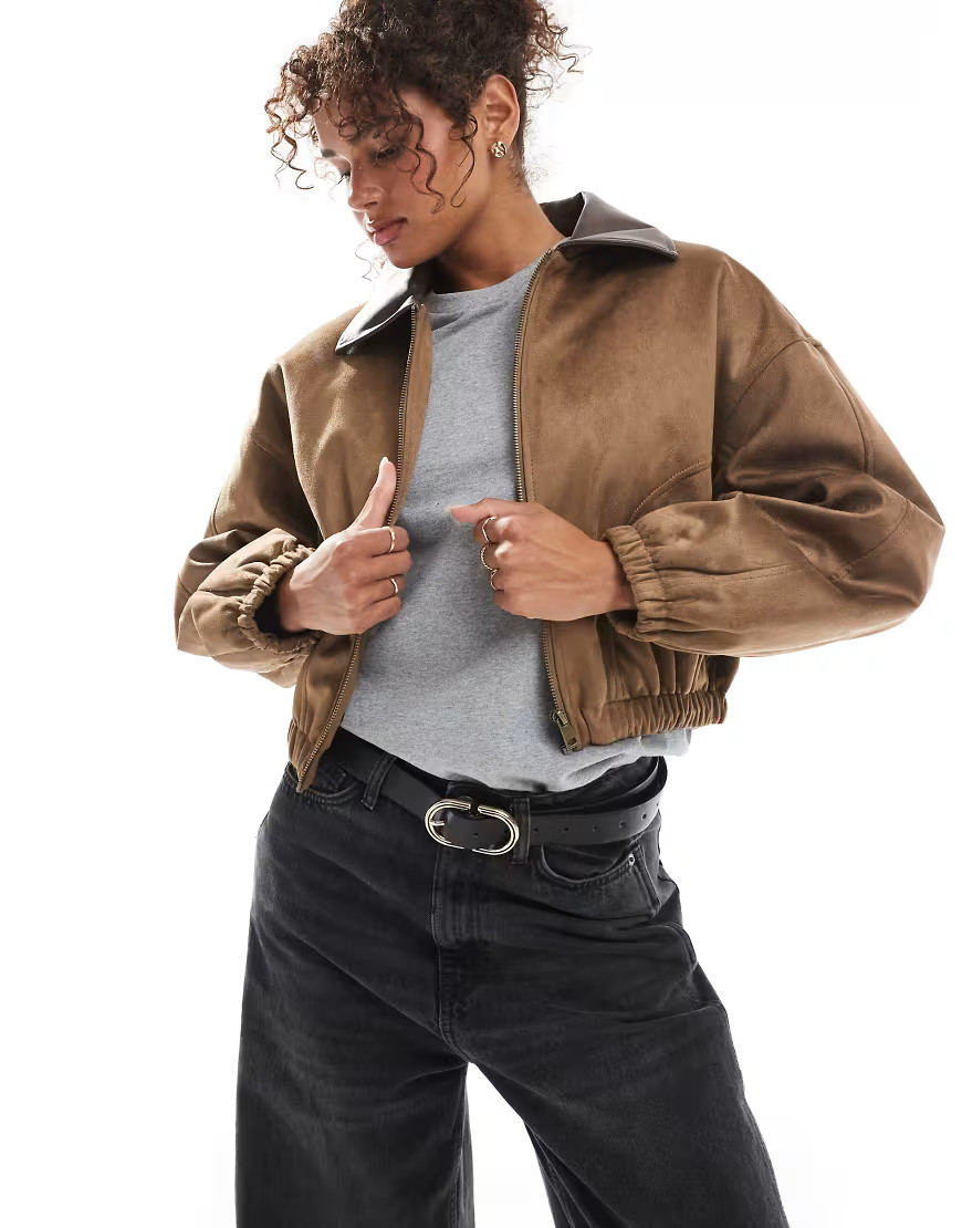 ASOS DESIGN faux suede bomber jacket in mocha-Brown | ASOS (Global)
