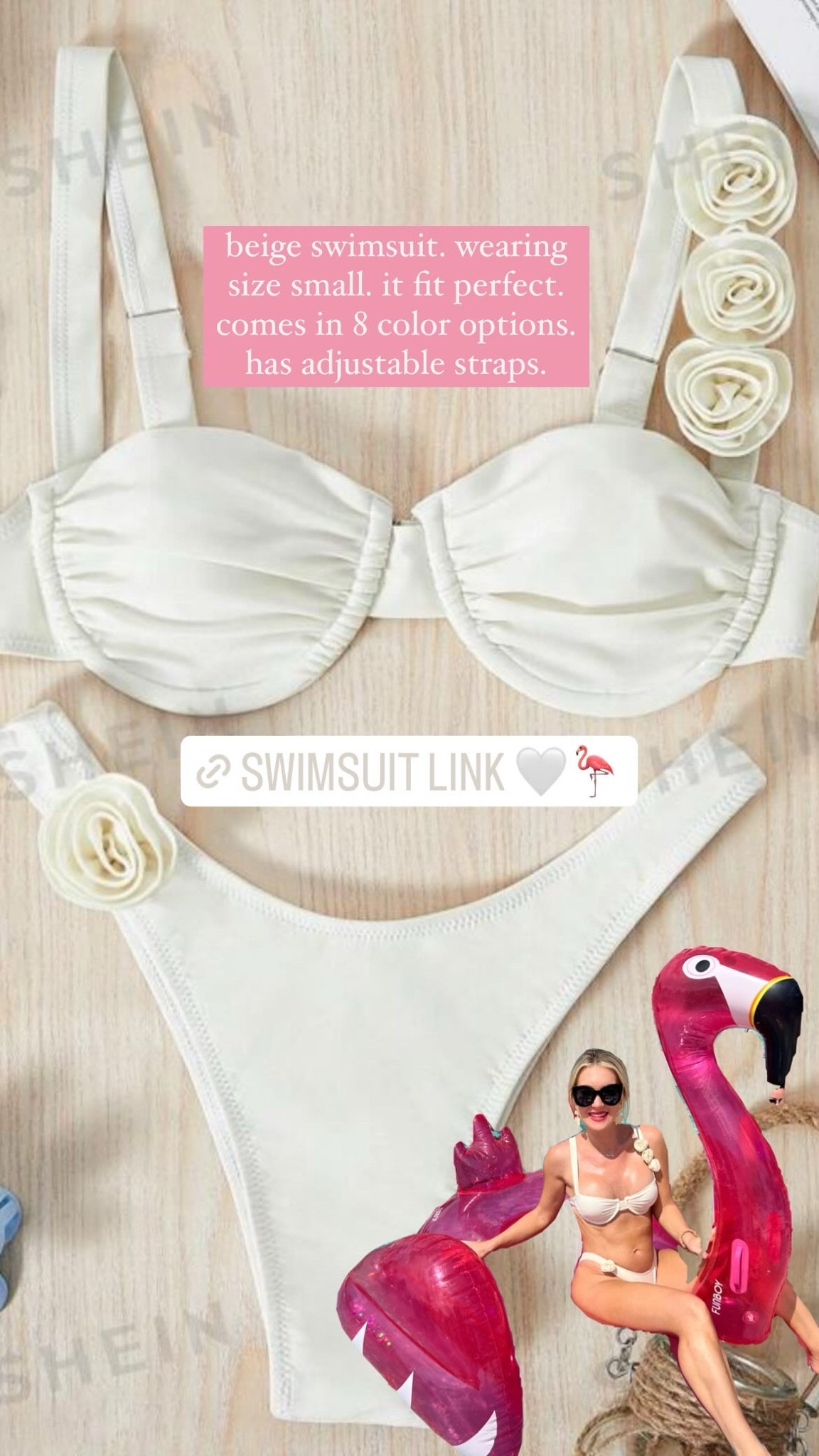 Cute beige rose detail swimsuit. Got size small. Fits tts. Comes in 8 colors  

#swimsuit #rosebikini #beigebikini #beigeswimsuit 