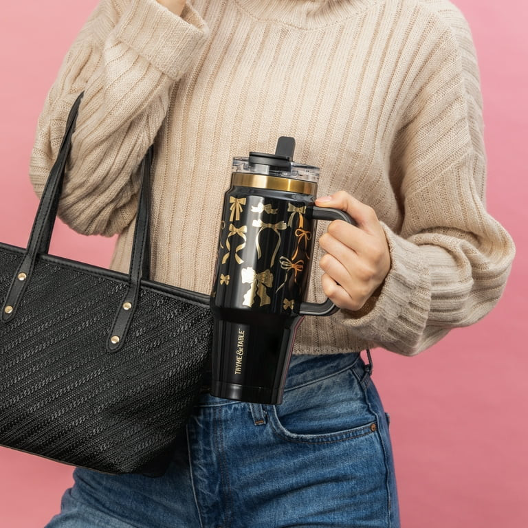 Thyme & Table 32 fl oz Stainless Steel Luna Tumbler with Handle and Dual Straw Lid, Black & Gold ... | Walmart (US)