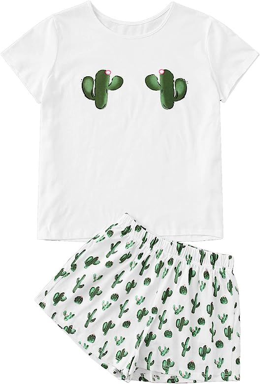 Women's Round Neck Short Sleeve Print Top and Shorts Pajama Set | Amazon (US)