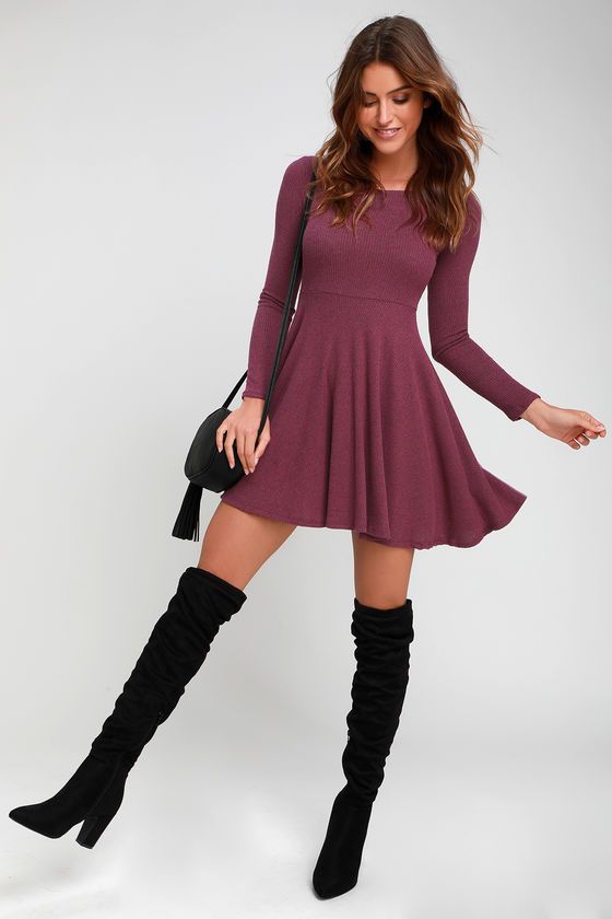 Fit and Fair Mauve Purple Ribbed Knit Long Sleeve Skater Dress | Lulus (US)