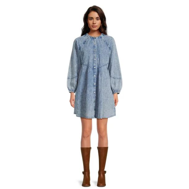 Time and Tru Women's Button Front Denim Mini Dress with Long Sleeves, Sizes XS-3XL | Walmart (US)