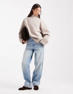 ASOS DESIGN knitted longline funnel neck jumper in multiply oatmeal | ASOS | ASOS (Global)