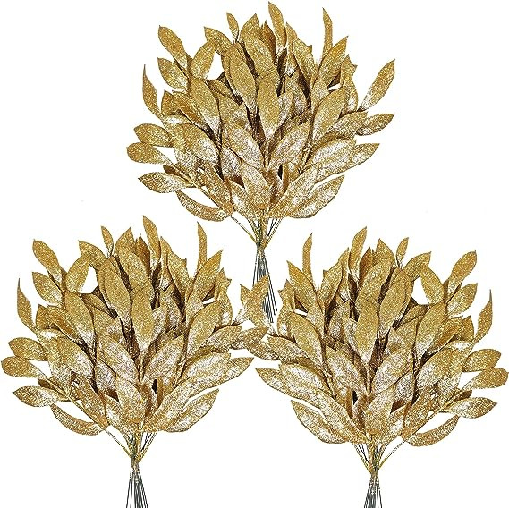 Amazon.com: 40 Pieces Gold Glittered Artificial Leaf Spray Picks 12" Tall for Christmas Winter We... | Amazon (US)