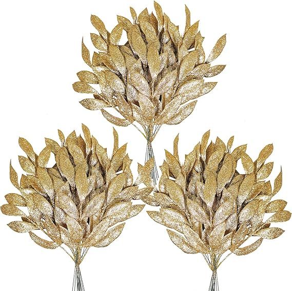 Amazon.com: 40 Pieces Gold Glittered Artificial Leaf Spray Picks 12" Tall for Christmas Winter We... | Amazon (US)