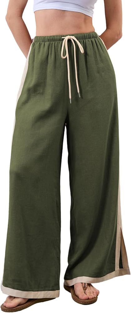 Xiaoxuemeng Linen Pnats Women Wide Leg Striped Capri Pants Casual Baggy Linen Trousers with Pocke... | Amazon (US)
