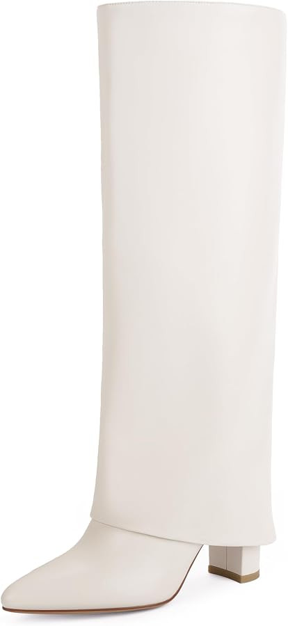 Knee High Boots Women Fold Over Boots Chunky Heel Pointed Toe Tall Boots | Amazon (US)