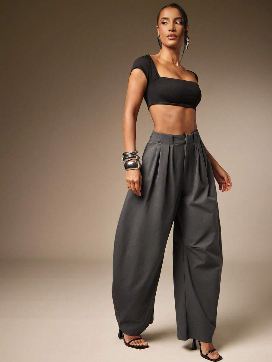 Hauture Basic Summer Casual Solid Charcoal Pleated Oversized Barrel Pants | SHEIN