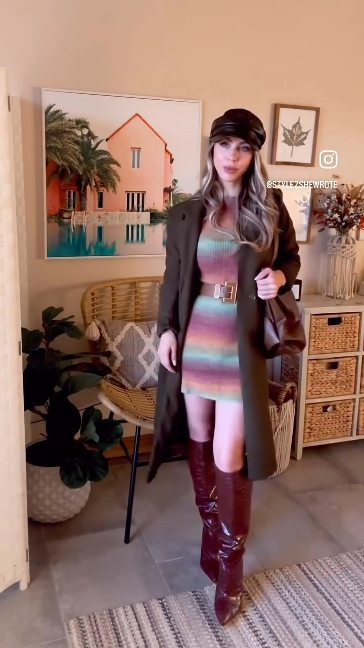 It's the colors of fall! Most of the time I worry how cold I'll be wearing this type of outfit, but I can confidently say the knitted sweater dress and the jacket keep me nice and cozy! 

 #LTKSeasonal #LTKFindsUnder100 #LTKStyleTip