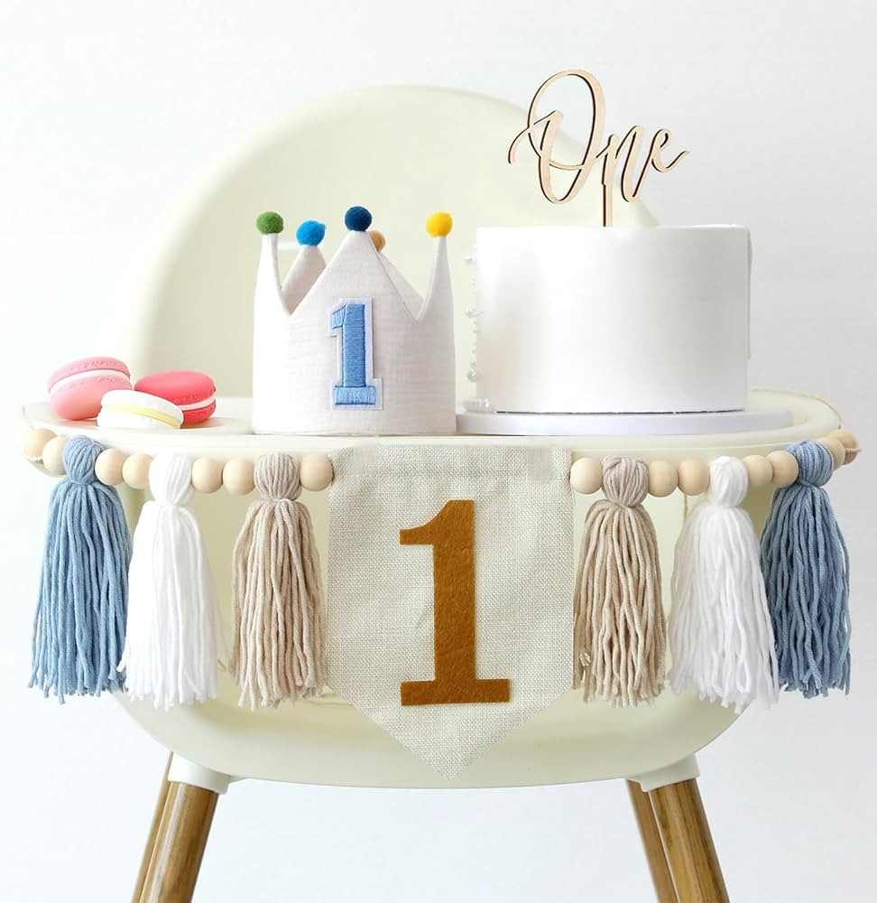 Baby Boy First Birthday Party Decorations Blue High Chair Banner 1st Birthday Crown Cake Topper 1... | Amazon (US)