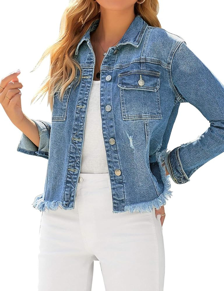 luvamia Women's Basic Button Down Stretch Fitted Long Sleeves Denim Jean Jacket | Amazon (US)